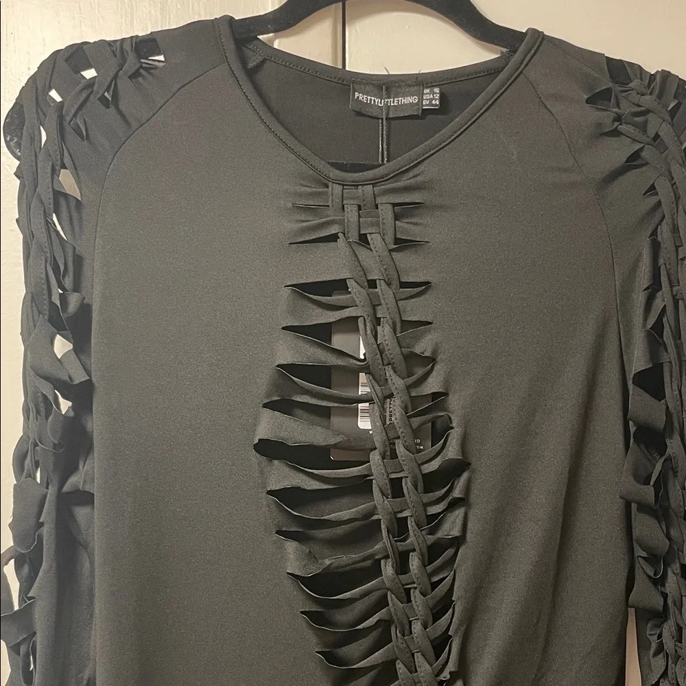 PrettyLittleThing Black Long Cutout Sleeve Dress 12 - Picture 4 of 4